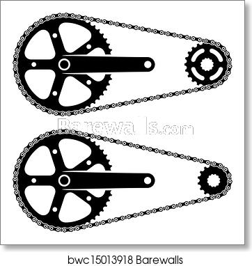 362x382 Vector Bicycle Chain Sprocket Transmission Silhouettes, Art Print