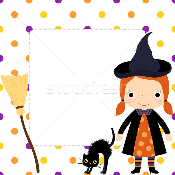 600x600 Cute Square Vector Border With Cartoon Girl In Witch Costume