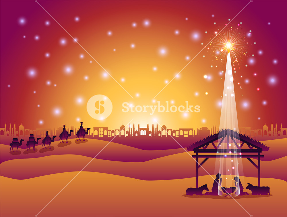 1000x758 Christmas Desert Scene With Holy Family In Stable Vector