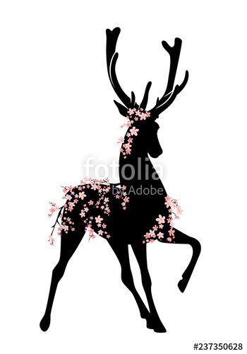 Wild Deer Stag Silhouette Among Blooming Cherry Tree Branches 350x500 Wild Deer Stag Silhouette Among Blooming Cherry Tree Branches