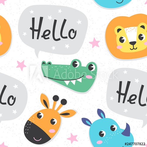 500x500 Seamless Pattern With Cartoon Animals And Hand Draw Lettering