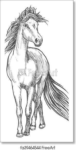 296x580 Free Art Print Of Horse Standing With Waving Mane Pencil Sketch
