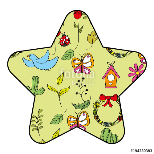 500x500 Star Label Background Spring Leaves Flower Bird Butterfly Vector