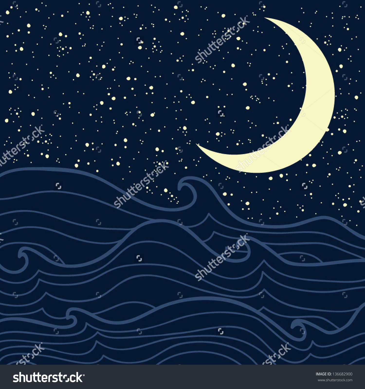 Open Sea With Waves And Starry Night Sky, Vector Illustration 1500x1600 Open Sea With Waves And Starry Night Sky, Vector Illustration
