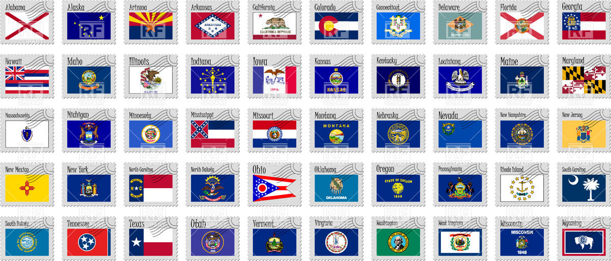 1200x513 Usa State Flags On Postage Stamps Vector Image Of Signs, Symbols