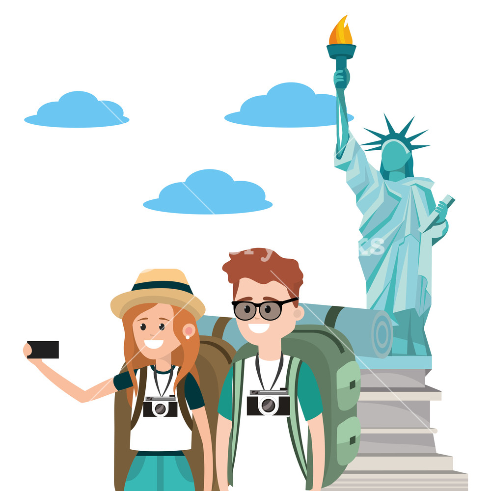 1000x1000 Young Couple Backpackers Tourists On Statue Liberty Vector
