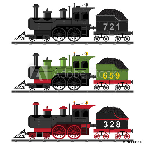 500x500 Old Steam Engine Train Vector Flat Set Cartoon Illustration