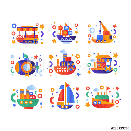 500x500 Retro Cute Water Transport Set, Steamboat, Passenger Cruise Ship