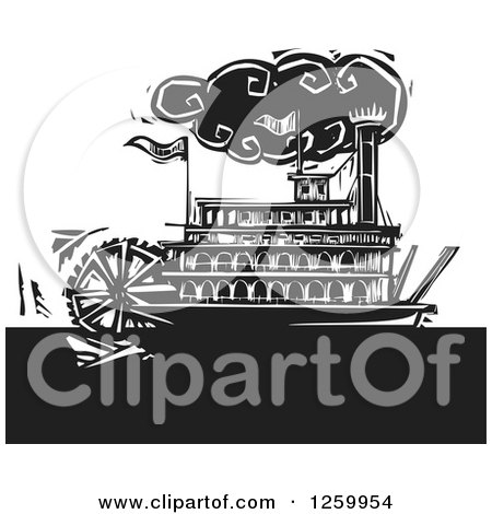 450x470 Clipart Of A Black And White Woodcut Steamboat