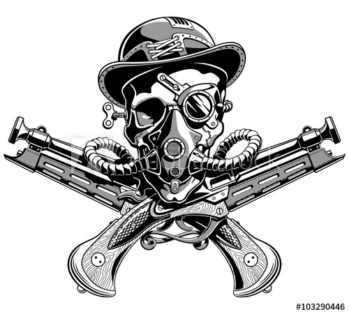 500x450 Skull Hat Crossed Pistols Pirate Jolly Roger Steampunk Vector Il