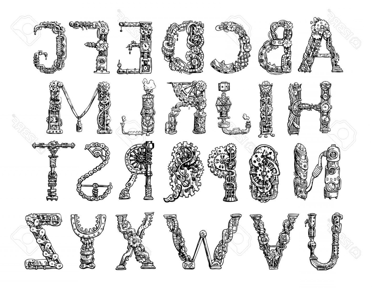 Photostock Vector Graphic Mechanical Hand Drawn Alphabet Steampunk 1560x1226 Photostock Vector Graphic Mechanical Hand Drawn Alphabet Steampunk