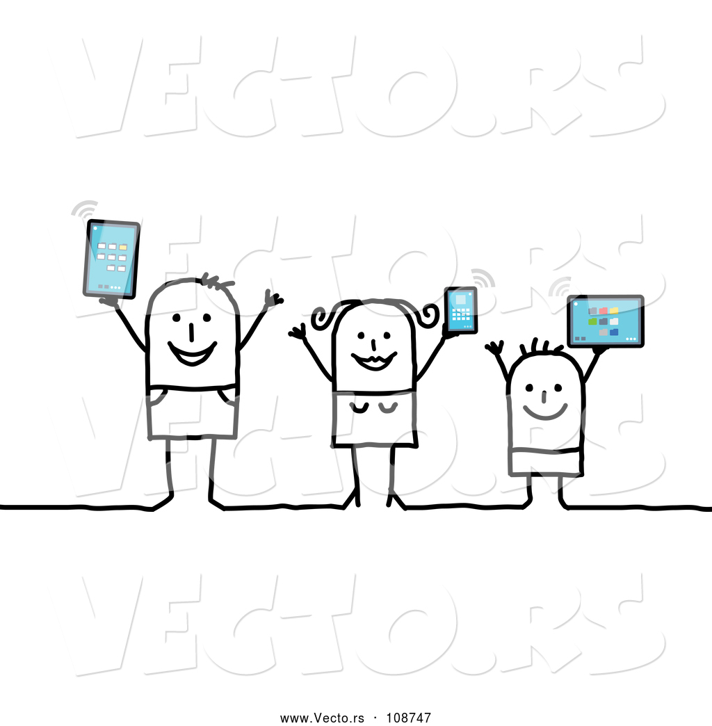 1024x1044 Vector Of Happy Connected Stick Family Holding Up Tablet Computers