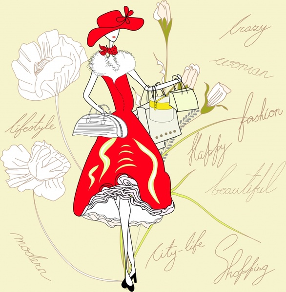 586x600 Fashion Background Model Icon Colored Handdrawn Sketch Free Vector