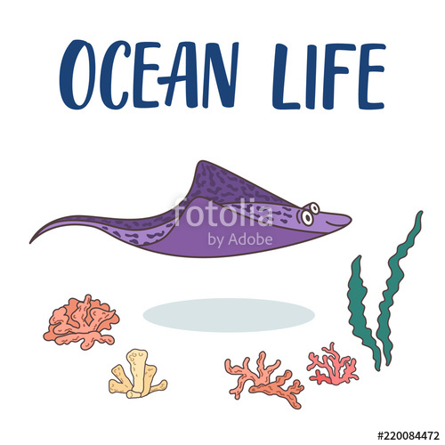 500x500 Stingray Cartoon Illustration With Corals And Seaweeds Around