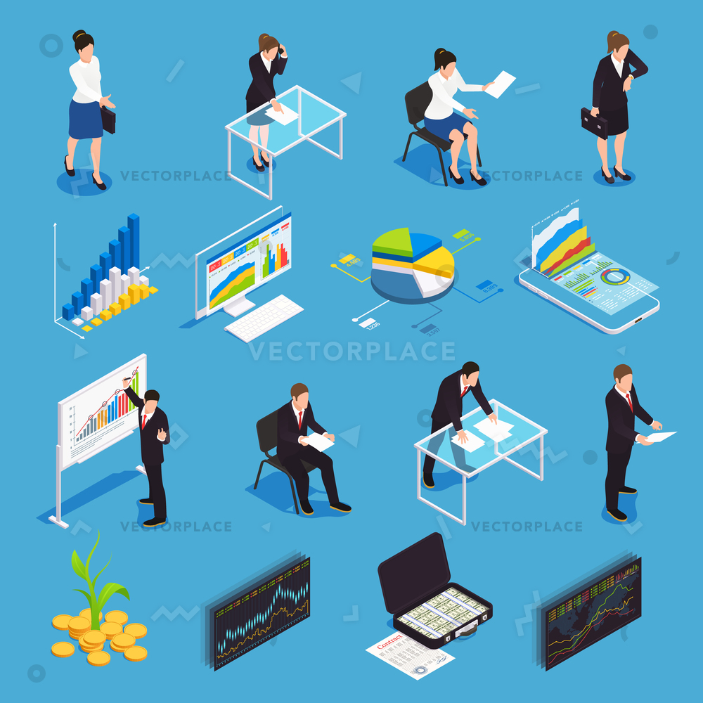 1000x1000 Investment Funds Isometric Icons Set Financial Vector Illustration