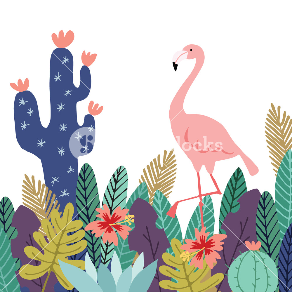 1000x1000 Summer Tropical Background, Banner Flamingo Bird With Cactuses