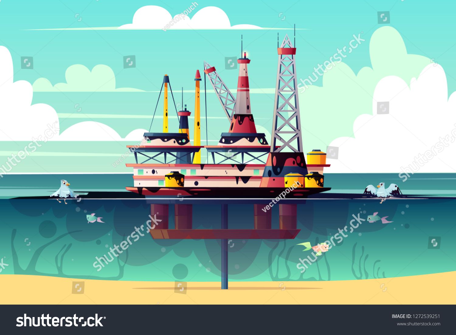 1500x1101 Vector Cartoon Illustration Of Oil Rig In Ocean, Sea Offshore