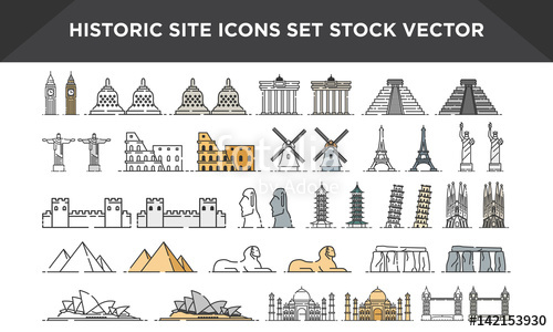 500x300 Historic Site Icons Set Stock Vector, Heritage Site Icons Set