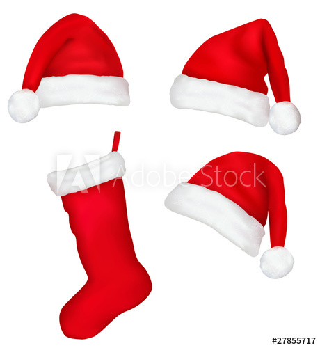 Three Red Santa Hats And Christmas Stocking Vector 460x500 Three Red Santa Hats And Christmas Stocking Vector