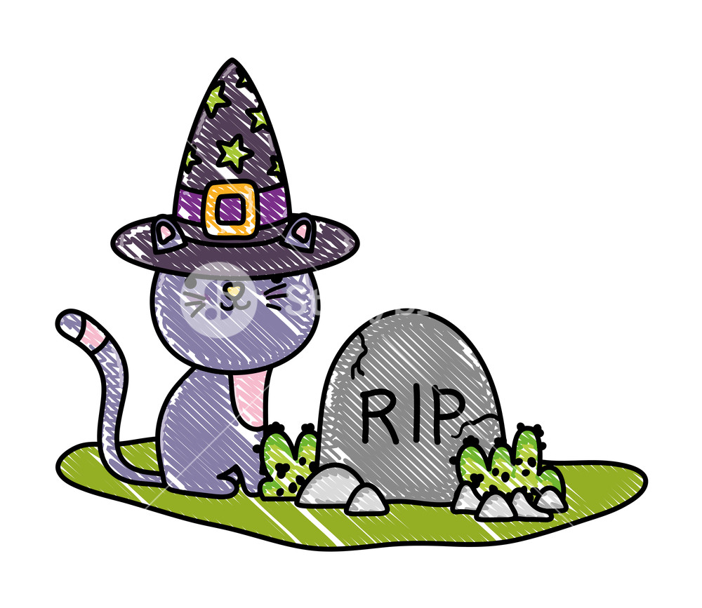 1000x867 Grated Cute Cat With Hat And Rip Stone Vector Illustration Royalty