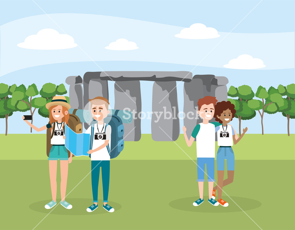 1000x779 Women And Men Friends With Backpack In The Stonehenge Vector