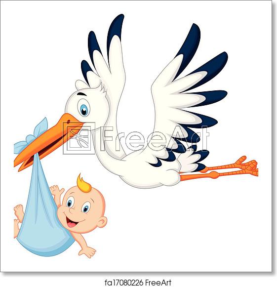561x581 Free Art Print Of Cartoon Stork Carrying Baby Vector Illustration