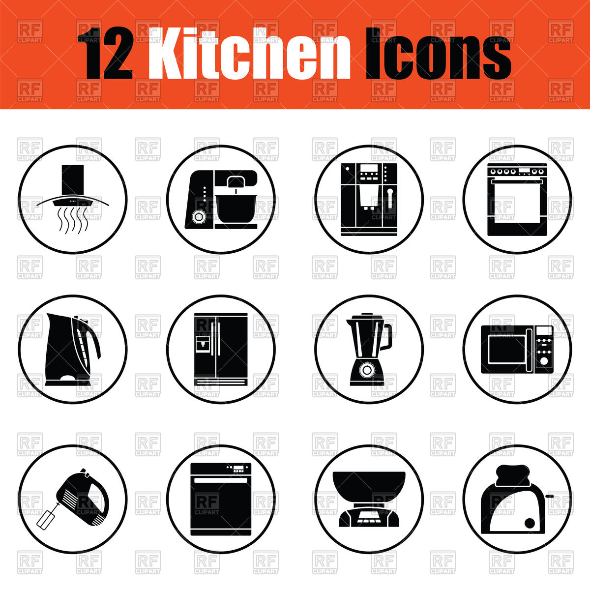1200x1200 Kitchen Device Icons Set Microwave, Refrigerator, Toaster, Stove