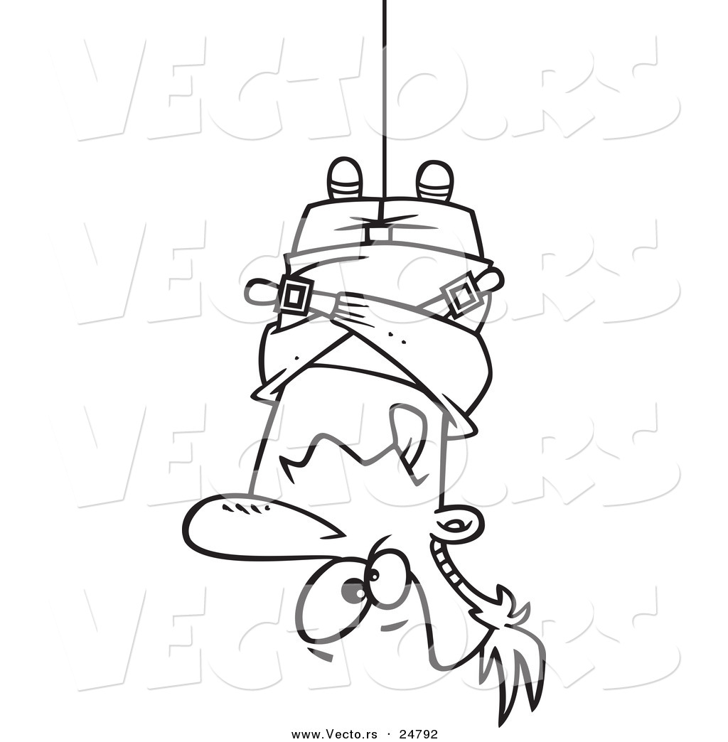 1024x1044 Vector Of A Cartoon Black And White Outline Man Hung Upside Down