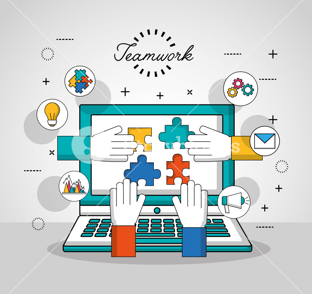 1000x943 Teamwork Concept Computer Color Hand Touching Screen Puzzle Pieces