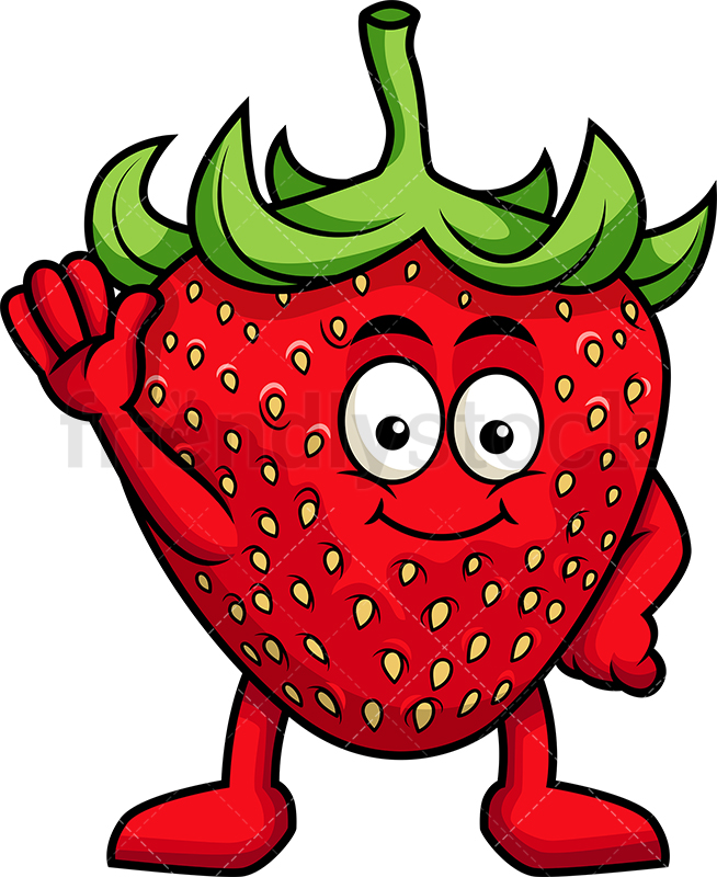 654x800 Cute Strawberry Mascot Waving Cartoon Vector Clipart