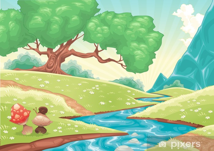 700x496 Cartoon Landscape With Stream Vector Illustration Wall Mural