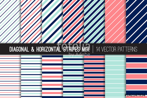 500x334 Navy Blue, Coral Pink, Aqua Diagonal And Horizontal Stripes Vector