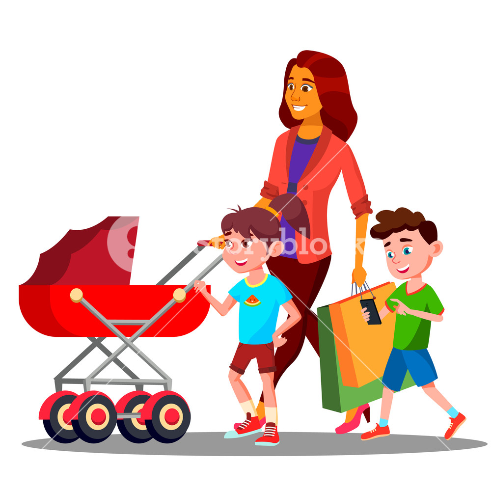 1000x1000 Mother Walking With A Baby Stroller Vector Isolated Illustration