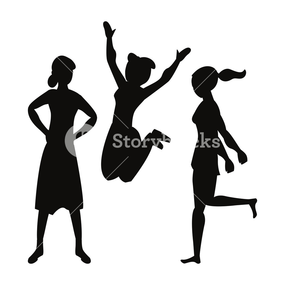 1000x1000 Women Group Silhouette Jump Strong Vector Illustration Royalty