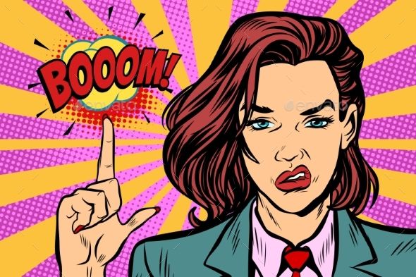 590x393 Boom Strong Woman Index Finger Up Boom Pop Art Retro Vector