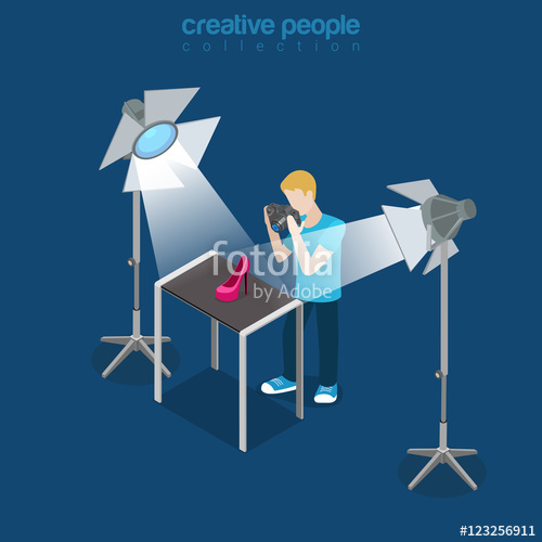 500x500 Flat Isometric Photographer Shoot Shoe Studio Vector Stock