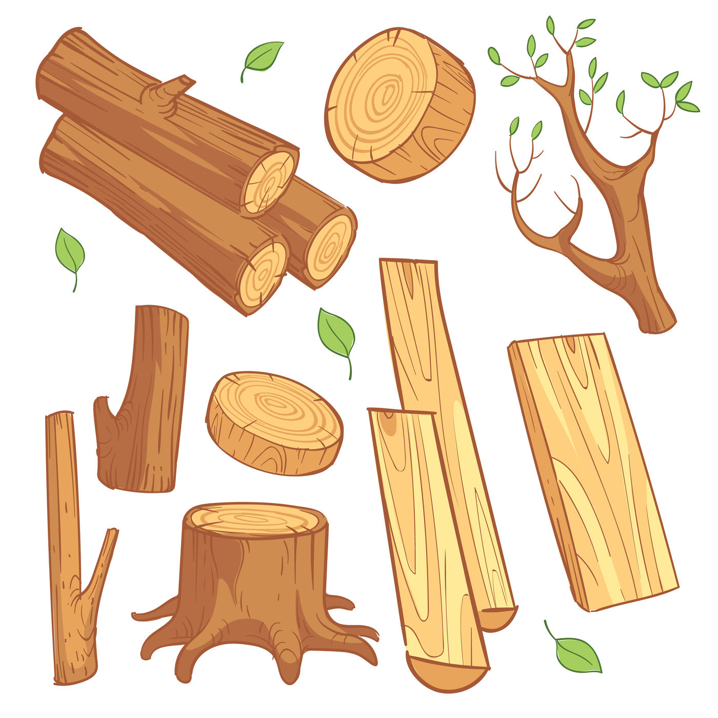 1400x1400 Cartoon Wooden Materials, Lumber, Firewood, Wood Stump Vector Set
