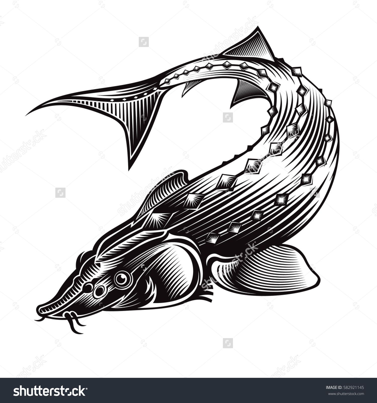 1500x1600 Sturgeon Fish Bend Silhouette In Engraving Style Logo For Fishing