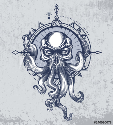 452x500 The Kraken Creature With Skull Head On Grunge Background And Wind