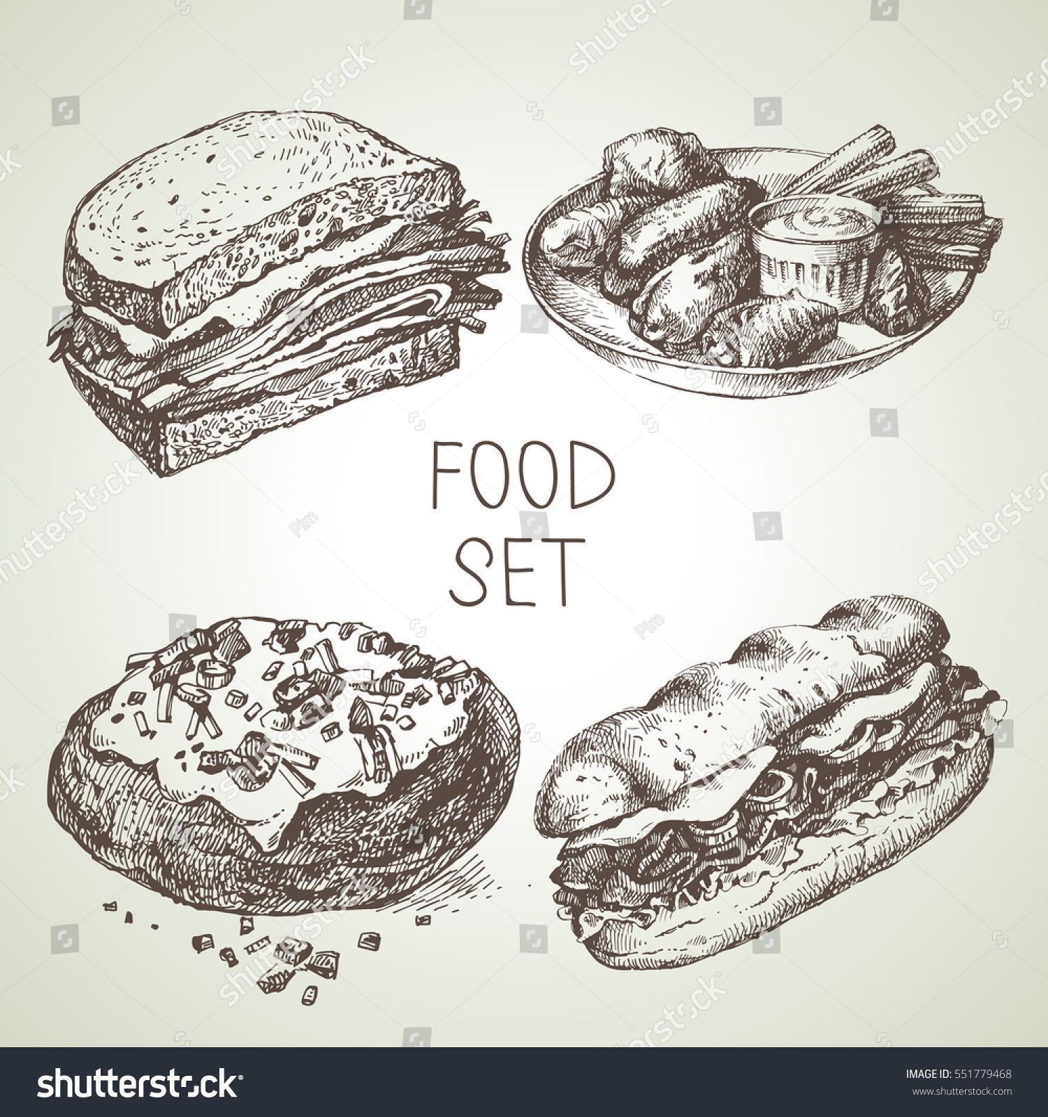 1500x1600 Hand Drawn Food Sketch Set Of Steak Sub Sandwich, Buffalo Chicken