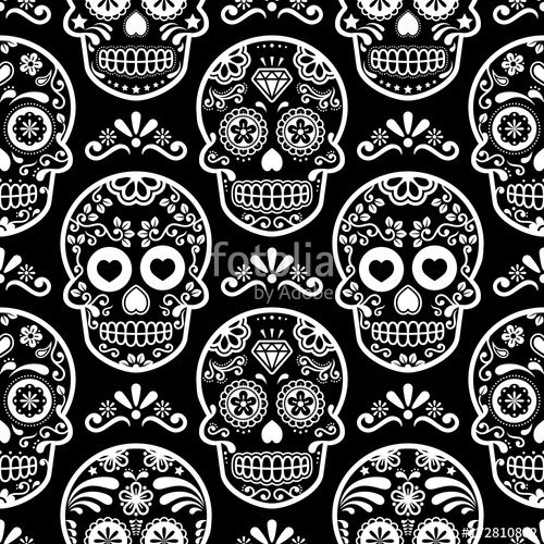 Mexican Sugar Skull Vector Seamless Pattern On Black, Halloween 500x500 Mexican Sugar Skull Vector Seamless Pattern On Black, Halloween