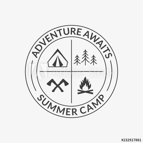 500x500 Camp Logo Round Summer Camping Badge With Adventure Awaits Slogan