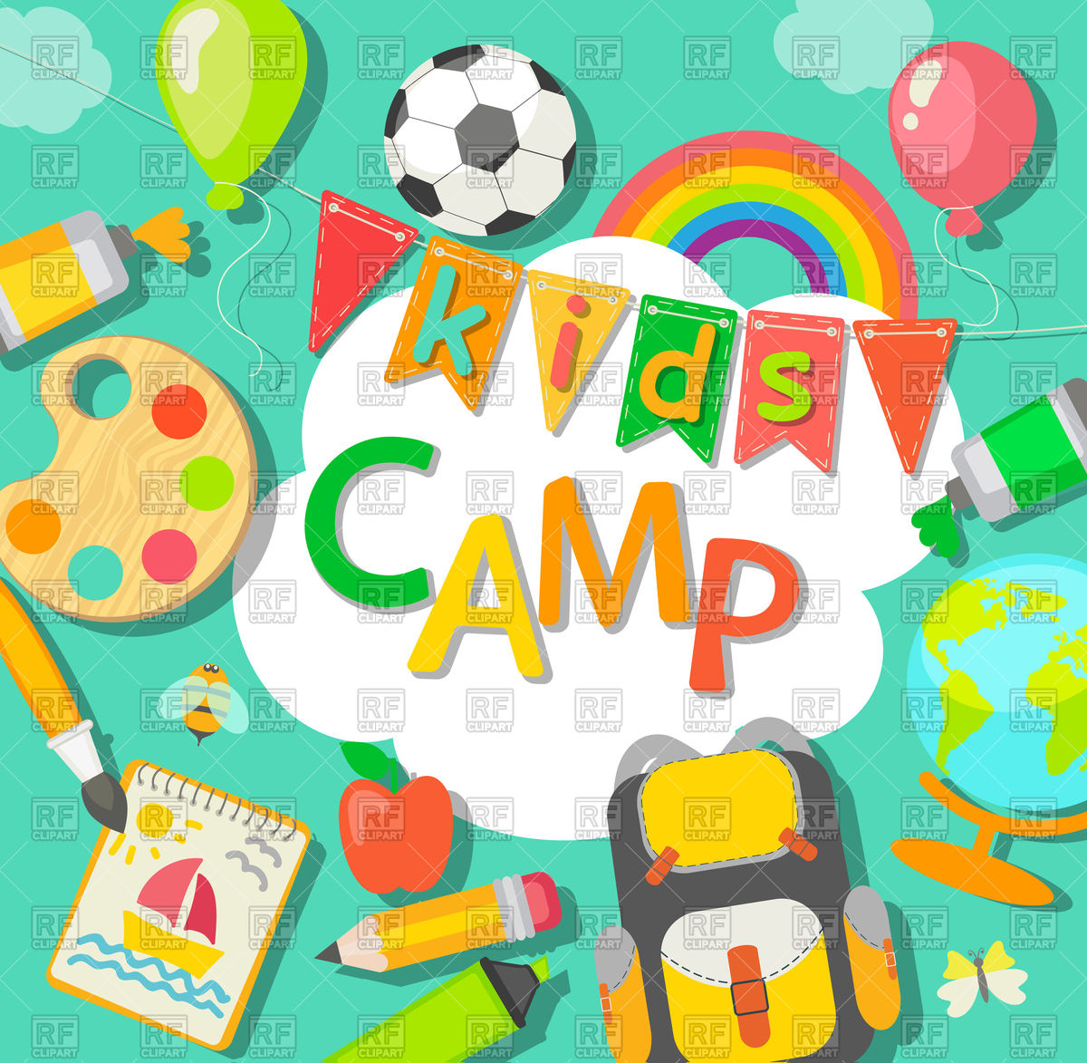 1200x1173 Summer Kids Camp Poster With Bag, Paint, Balloon Vector Image