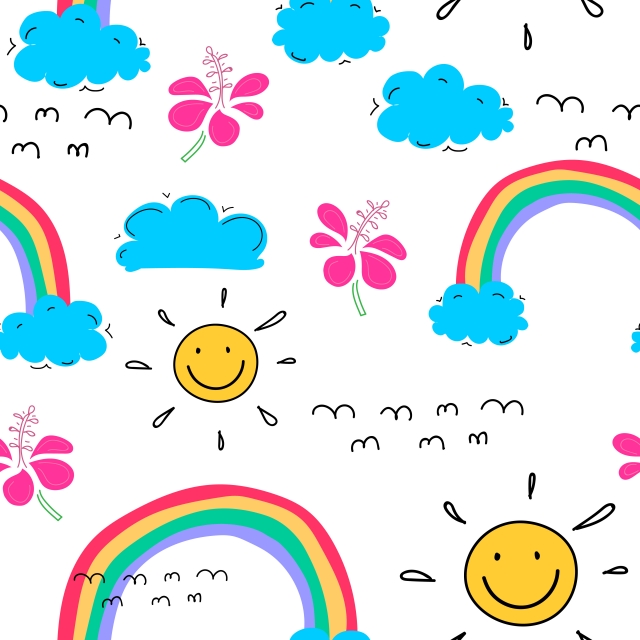 640x640 Summer Pattern Background With Clouds And Sun Hand Drawn Tropical