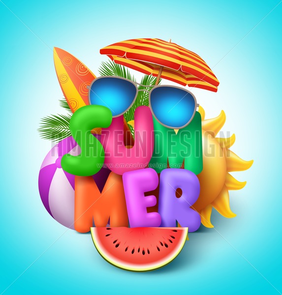 573x600 Summer Vector Banner Design With Colorful Text With Elements
