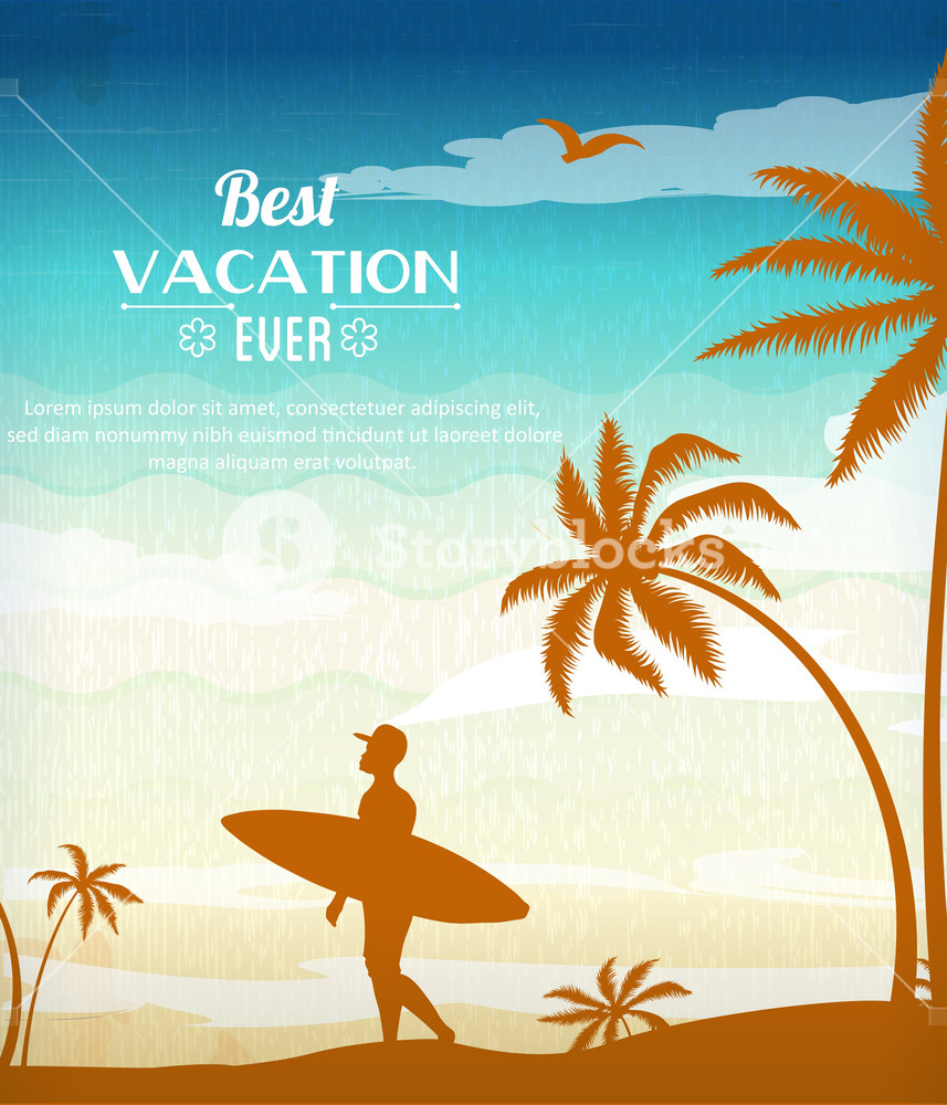 857x1000 Summer Vector Illustration With Surf Board, People, Palm Tree