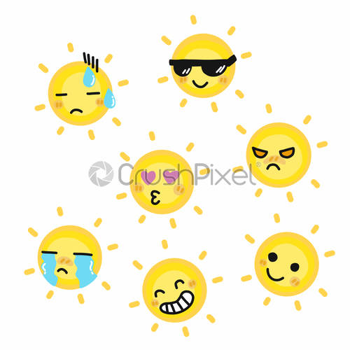 500x500 Cute Sun Emotion Face Doodle Cartoon Vector Illustration Set