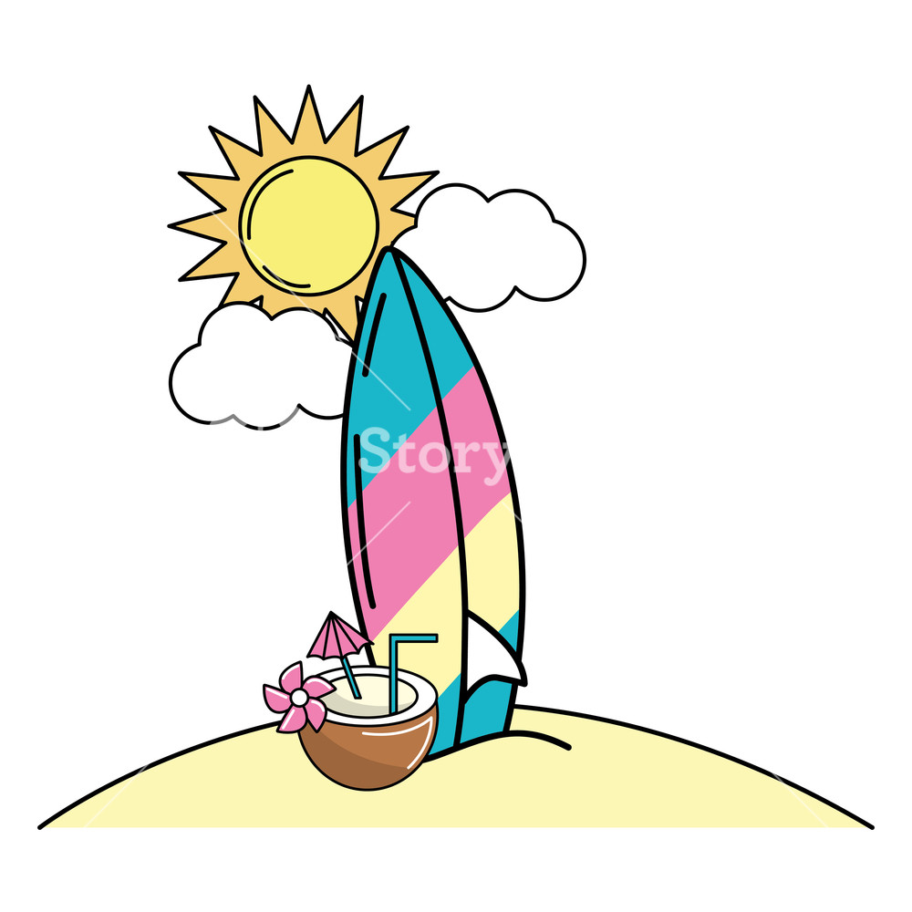 1000x1000 Summer Beach With Surf Table And Coconut Cocktail With Sun Cartoon