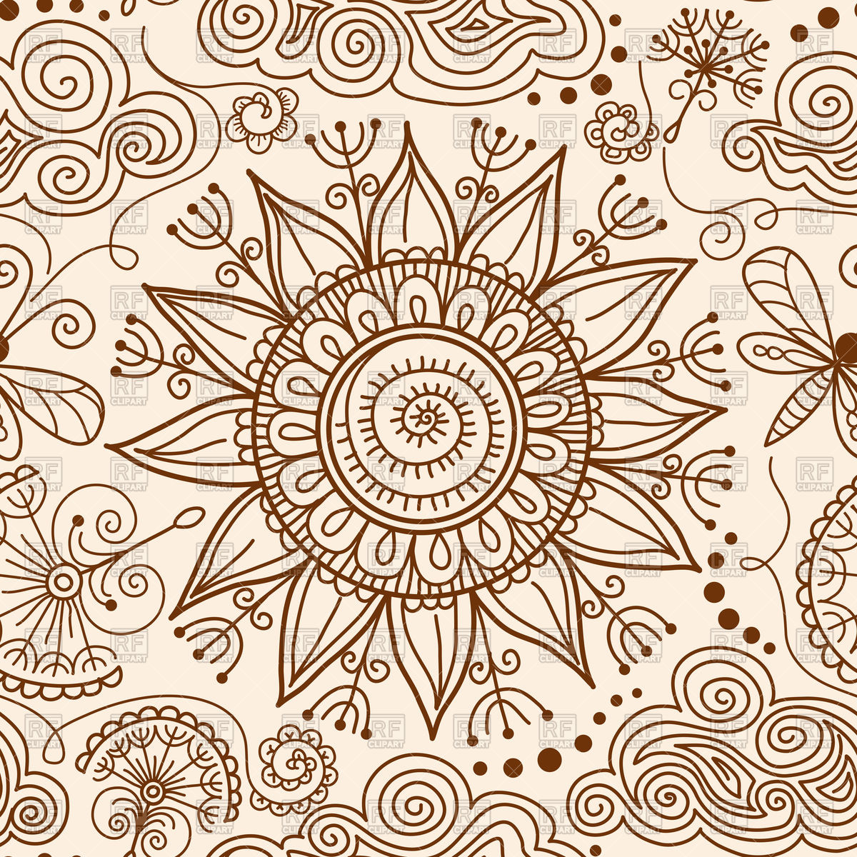1200x1200 Seamless Henna Mehndi Tattoo Doodle With Sun Vector Image