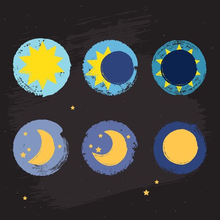 Sun Moon Vector Crayon Style Icon Set, Grunge Illustration 450x450 Sun Moon Vector Crayon Style Icon Set, Grunge Illustration